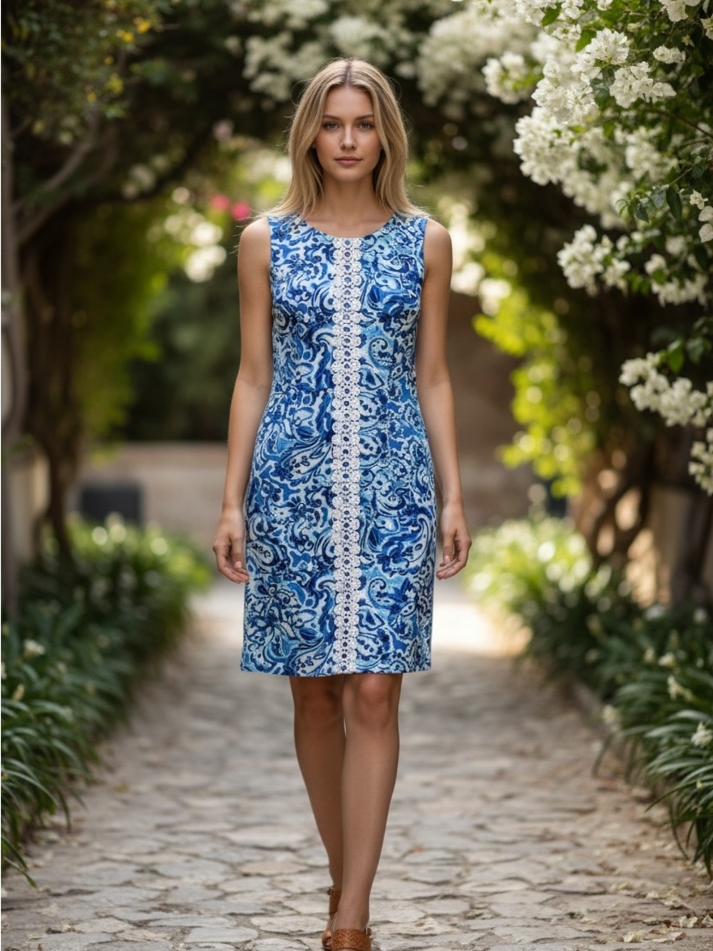 JH Sleeveless Midi Blue Floral Dress 12 Summer Resort Vacation Feminine Chic
